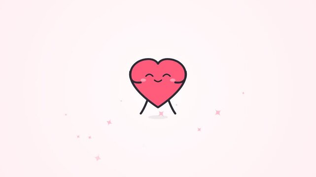 Cheerful pink heart character jumping with joy on a light background.