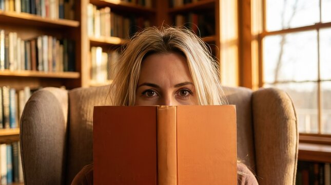 Curious Woman Peeking Over Book in Sunlit Home Library, Intellectual Lifestyle Concept for Website Banner and Hero Header Background