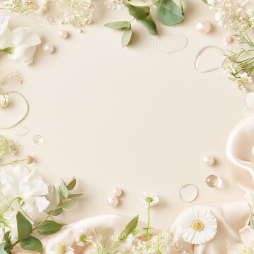 Floral border flat lay. Beige background framed with white blossoms, pearls, and fabric folds. Elegant decorative composition for invitation design
