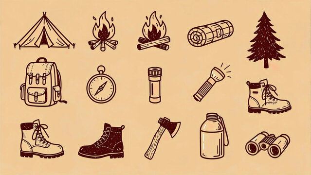 Hand-drawn camping and hiking equipment icons set. Collection features doodles of a tent, backpack, boots, compass, and campfire tools. Adventure scouting concept, ideal for nature travel branding.