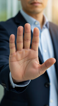 Man in suit holding hand up, symbolizing prohibition, stop, or refusal, suitable for business or warning themes.