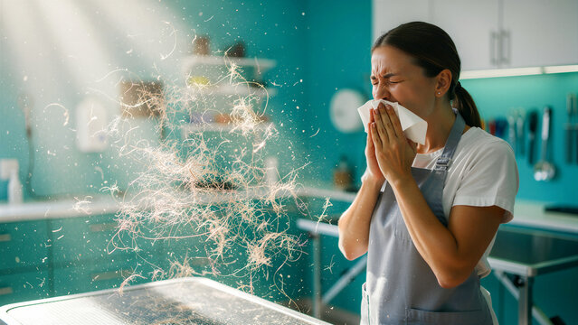 Woman sneezing into tissue while surrounded by floating pet fur in a grooming salon. Worker suffering from allergic reaction to animal dander. Allergy concept for veterinary health marketing.