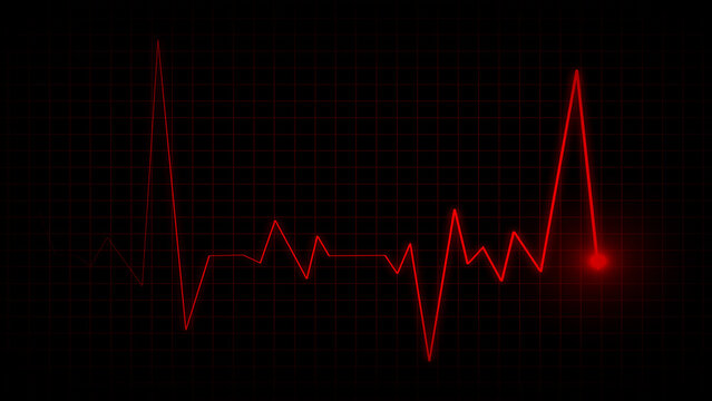 Red electrocardiogram waveform with grid and dark background heart rate pulse.