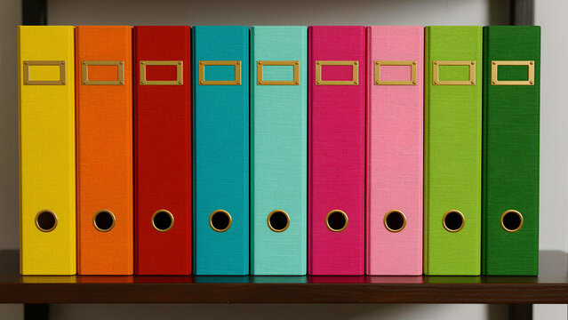 Colorful ring binders on a wooden shelf. Office folders arranged in a rainbow sequence for organized storage. Archival concept for business management and administrative marketing.