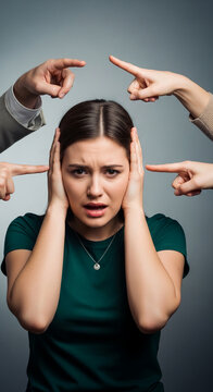 Woman covering ears as fingers point accusatorily, symbolizing stress, blame, and overwhelming pressure, representing social judgment and anxiety.