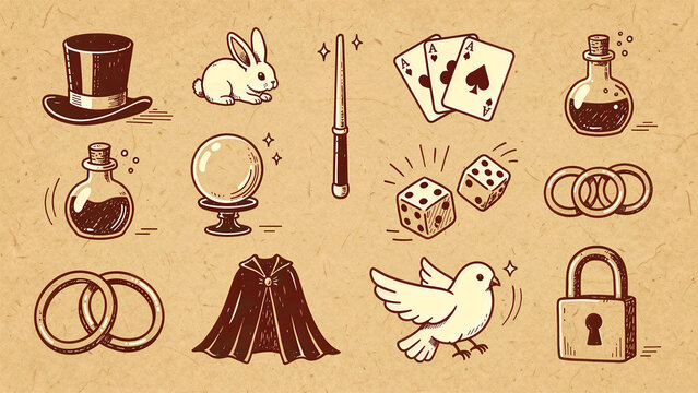 Hand-drawn magic icons set with top hat, rabbit, and wand on textured paper. Illustration includes vintage magician props in a sketch style. Ideal for illusionist branding and show promotion.
