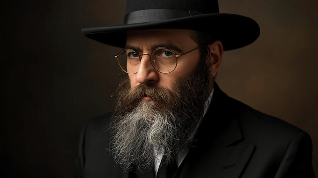 A portrait of a bearded man with glasses and a black hat.