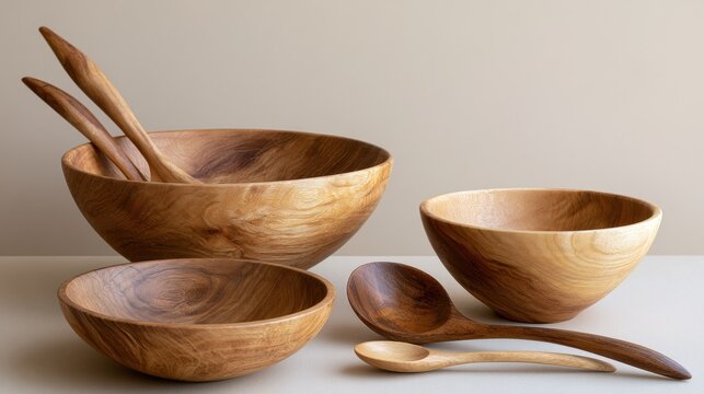 Three wooden bowls and two wooden spoons on a white surface. the bowls are made of a light-colored wood and have a smooth finish.