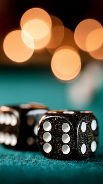 Close up of black casino dice on green felt gaming table with warm bokeh lights, luxury gambling concept, board game entertainment, chance, luck and casino background with copy space