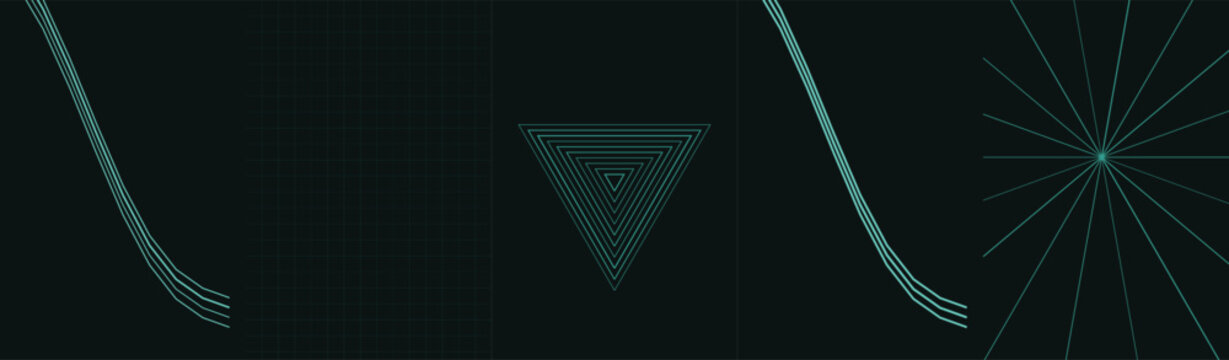 Abstract composition featuring geometric teal line patterns on a black canvas