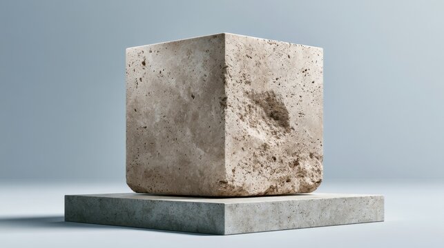 Rough textured stone cube with natural weathered surface resting on smooth concrete platform against neutral backdrop in minimalist design concept