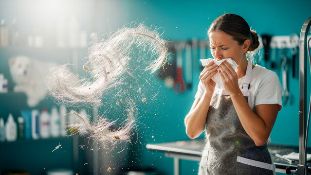 Groomer sneezing into tissue with pet hair in air. Professional woman reacting to animal dander in salon. Allergy and health concept for medical and veterinary marketing.
