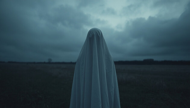 Eerie mysterious figure in a rural landscape &mdash; part of a folk horror and dark poetry series