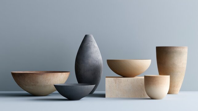 Group of five different types of vases and bowls arranged on a light blue background. on the left side of the image, there is a large, elongated vase with a pointed top and a narrow neck.