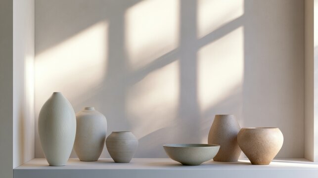 Group of five vases and a bowl arranged on a white shelf against a white wall. the vases are of different sizes and shapes, with the largest one in the center and the smallest one on the left side.