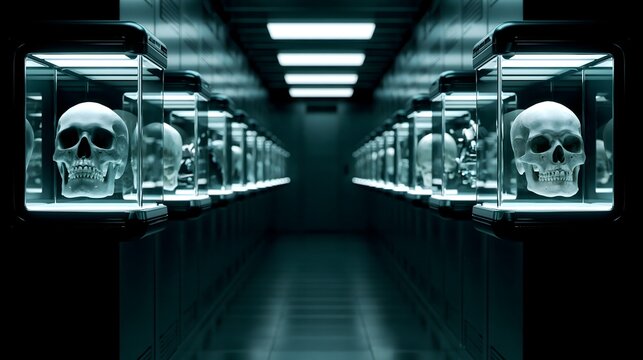 Rows of human skulls preserved in glass display cases within dark scientific laboratory corridor with laboratory research forensic corridor preservation scientific investigation archaeology