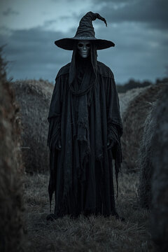 Eerie mysterious figure in a rural landscape &mdash; part of a folk horror and dark poetry series