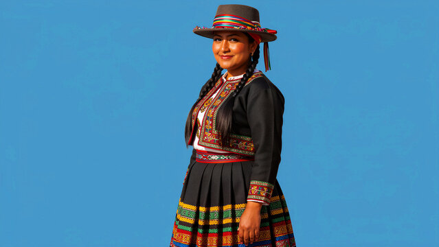Indigenous Andean woman posing in traditional colorful clothing against a blue background. Smiling Peruvian female wearing embroidered pollera and hat. Cultural heritage and diversity concept.