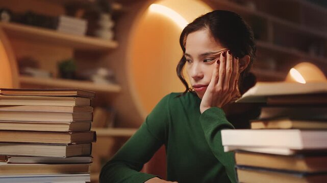 Exhausted Asian female studying with stacks of books in modern library, burnout