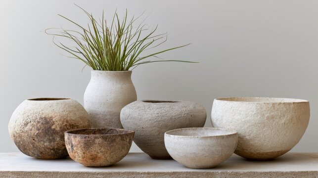 Group of five ceramic pots and bowls arranged on a white surface. the pots are of different sizes and shapes, with the largest one in the center and three smaller ones on either side.