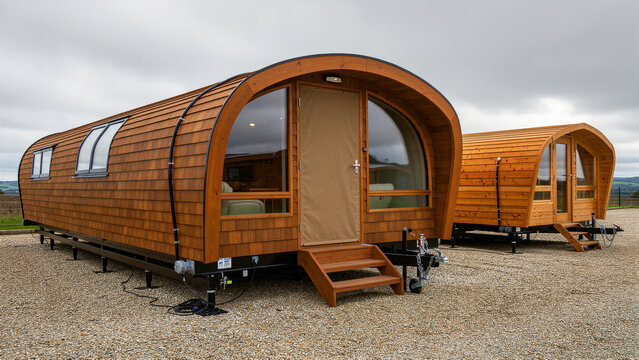 Modern wooden glamping pods parked on a gravel site. Luxury tiny houses featuring curved roofs and natural wood siding. Eco-friendly accommodation concept for sustainable travel marketing.