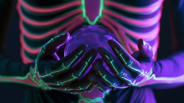 Close-up of person's hands and torso in neon skeleton suit, holding glowing purple orb, electric green and hot pink lighting, dark