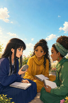 Three women in colorful robes and a headscarf talking in a sunny flower garden under a clear sky, copy space, 澄んだ空の下、花咲く庭で語り合う色鮮やかな衣装とスカーフの三人の女性 コピースペース付き