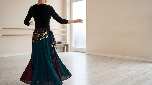 Woman belly dancing in bright studio wearing coin belt and skirt with copy space