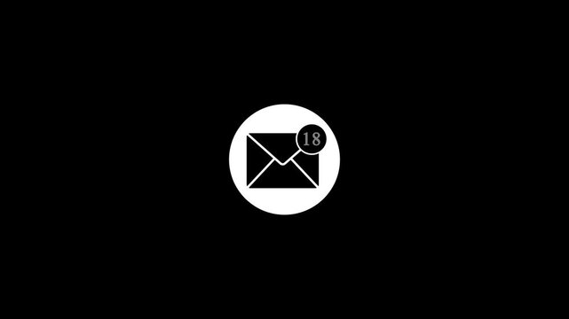 Minimalist email notification with unread message counter animation on black background, inbox