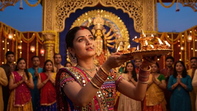 Navratri Pandal Aarti &ndash; Devotee Worshipping Maa Durga
