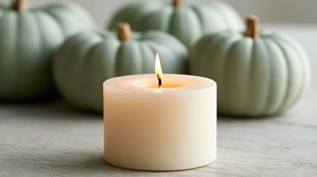 Close-up of wick of flickering cream candle, with soft, out-of-focus silhouettes of sage green pumpkins in background. minimalist