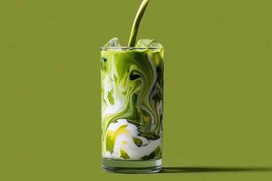 Vibrant iced matcha latte with swirling green and white colors. Ideal for showcasing refreshing drinks, cafes, or healthy choices.