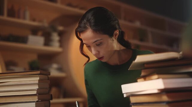Motivated Korean female student doing scientific research among stacks of books