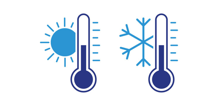 Thermometer Icon with Sun and Snowflake signs. Hot Cold Temperature Weather Climate Control Symbols