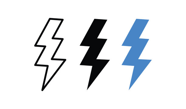 Thunder and Bolt Lightning Flash Icon Set. Blue Line and Solid Electric Power Energy Storm Weather Voltage Charge Symbols