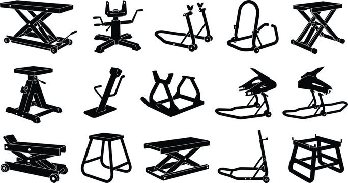 Collection of motorcycle workshop tools including scissor lifts, paddock stands, and support frames in black silhouette on white background