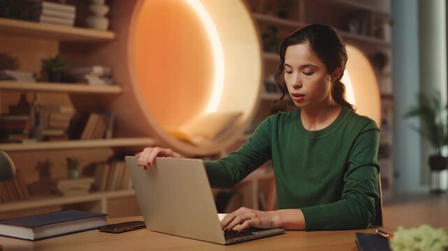 Tired young Asian female freelancer closing laptop, feeling stressed about work