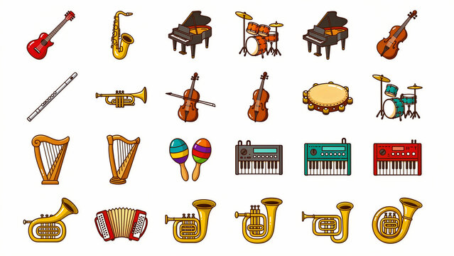 Set of musical instrument icons isolated on white background. Various cartoon style illustrations including piano, guitar, drums, and brass. Creative arts concept for music school branding.