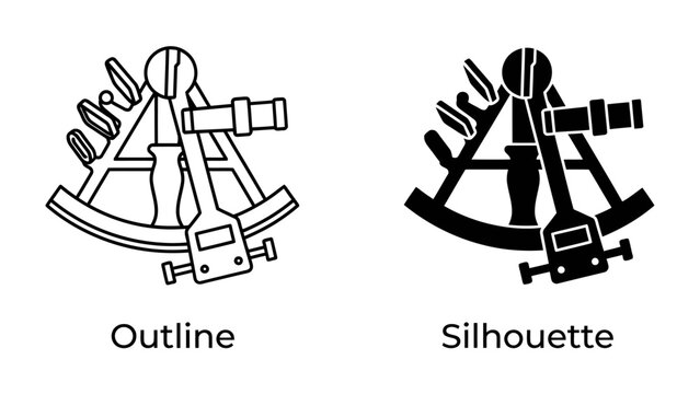 Sextant Icon Set: A graphic representation of a sextant, presented in both outline and silhouette formats, showcasing this navigational instrument for measuring angles.