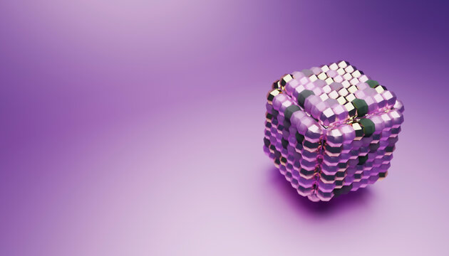 3d rendered abstract purple and metallic cube with geometric design