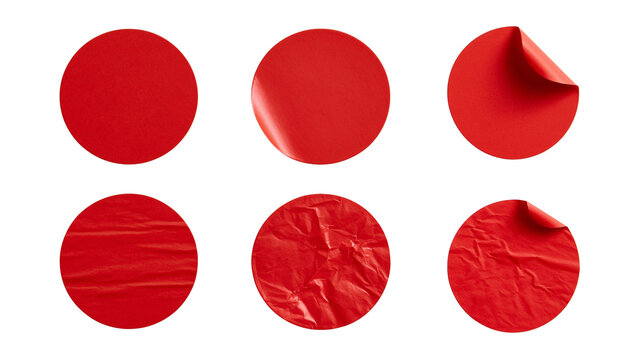 様々な状態の赤い丸型シールのセット Red round circular stickers set in various conditions