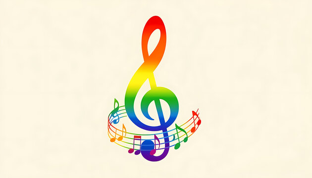 Colorful treble clef symbol with flowing wave stave line graphic