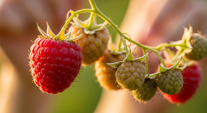 Fresh ripe raspberries growing on branch in sunny garden with raspberry