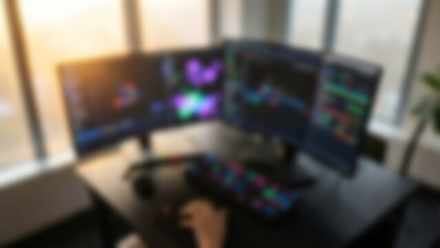 Blurred multi screen AI developer desk setup for technology website