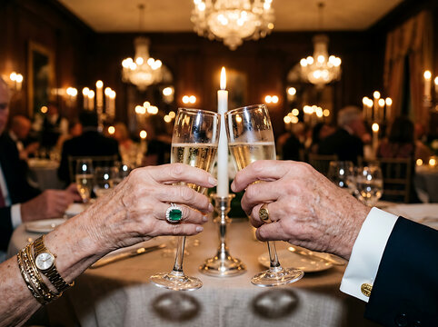 Elegant hands of a senior couple holding sparkling champagne glasses during a formal anniversary banquet celebration event.