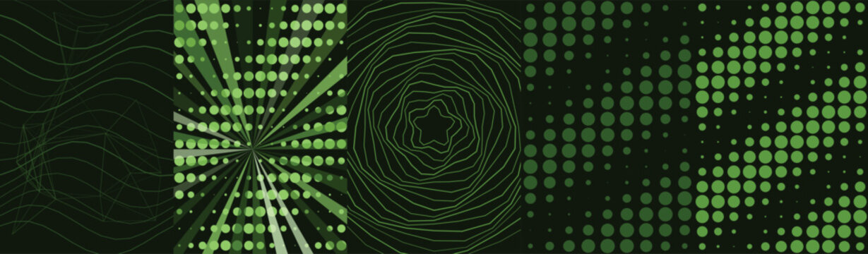 Abstract composition of green and black digital patterns and light rays