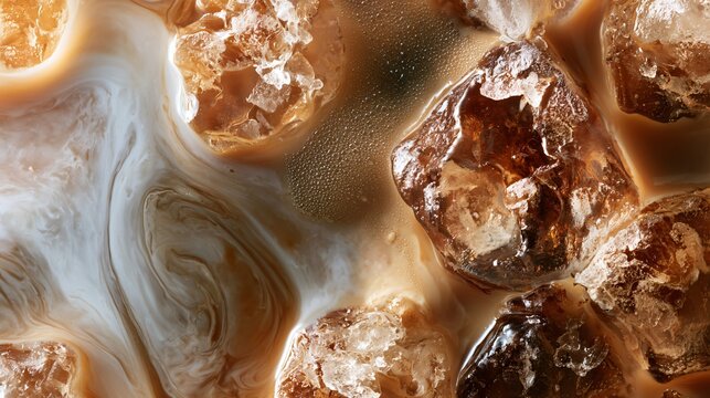 A macro texture study flat lay emphasizing milk swirls, coffee gradients, condensation, and ice formations within iced coffee 