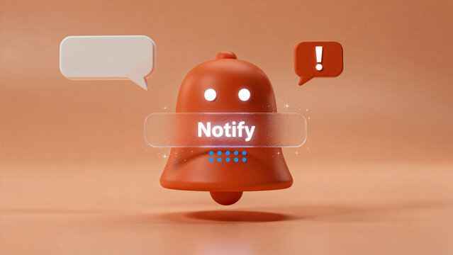 Red 3D bell notification icon with glass banner. Stylized character with speech bubbles on an orange background. Digital reminder and alert concept for app interfaces and marketing campaigns.