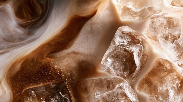A macro texture study flat lay emphasizing milk swirls, coffee gradients, condensation, and ice formations within iced coffee 