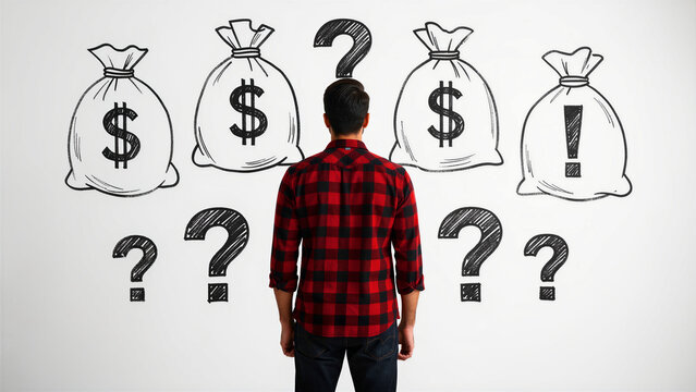 Man looking at drawings of money bags and question marks on a white wall. Person facing financial choices and investment decisions. Planning and uncertainty concept for business marketing.